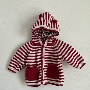 Vintage Gymboree Red and White Striped Kids Bear Sweater Cardigan 0-3